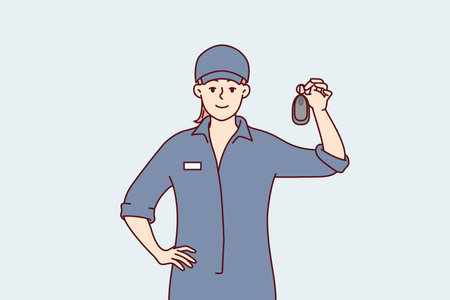 Woman working at car wash shows key to car after providing body cleaning services. Vector imageのイラスト素材