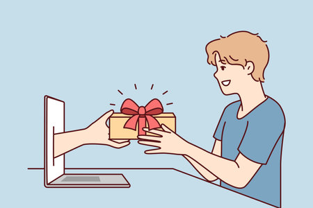 Young man receives present from hand poking out of laptop screen after online shopping. Vector imageのイラスト素材