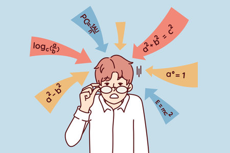 Dumbfounded guy touches glasses after seeing math formulas given in school or college. Vector imageのイラスト素材
