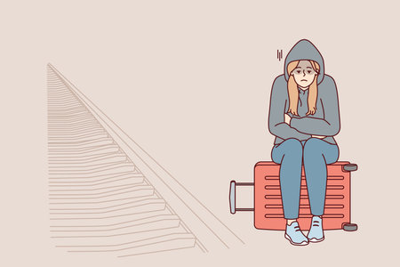 Tired woman sits on suitcase near railway waiting for train and freezes at station. Vector imageのイラスト素材