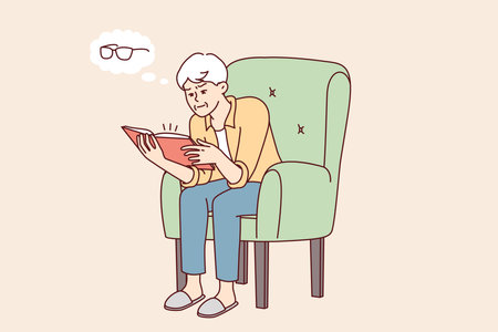 Elderly man sits in chair reading book thinks about need to buy glasses to vision. Vector imageのイラスト素材