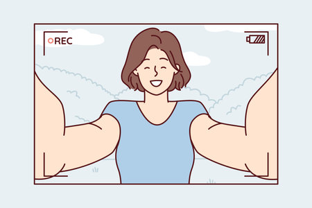 Camera view with woman filming herself with arms outstretched to create video selfie. Vector imageのイラスト素材