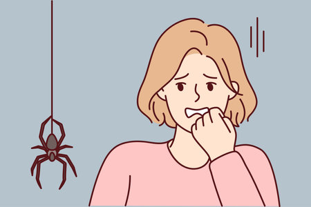 Frightened woman puts hand to face sees large spider descending from ceiling along web. Vector imageのイラスト素材