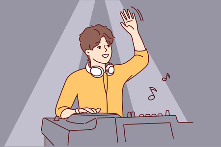 Male DJ with headphones waving to greet club goers and cheer up dancing people. Vector imageのイラスト素材