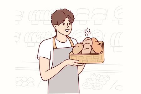 Man in apron baker holds tray of hot bread prepared for customers of supermarket. Vector imageのイラスト素材