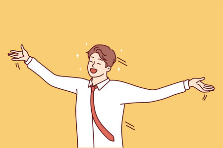 Delighted man in shirt and tie waving arms to sides and shouting with happiness. Vector imageのイラスト素材