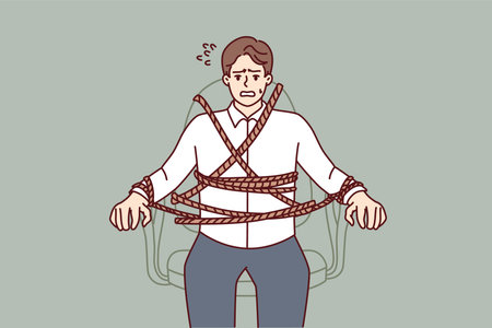 Business man is tied to office chair and feels fear due to strict deadlines. Vector imageのイラスト素材