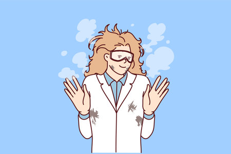 Woman mad scientist with tousled hair after failed experiment with chemical reagents. Vector imageのイラスト素材
