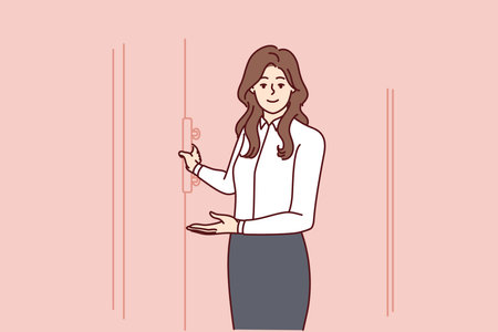Hospitable woman secretary opens door invites visitors to come into office. Vector imageのイラスト素材