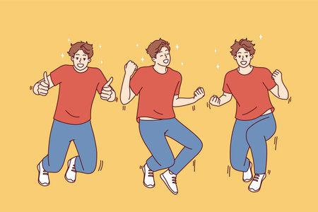 Jumping young man making winning gestures feeling joy and happiness from winning bet. Vector imageのイラスト素材
