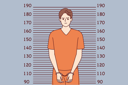 Man in handcuffs and orange prison clothes stands near lines for measuring height. Vector imageのイラスト素材