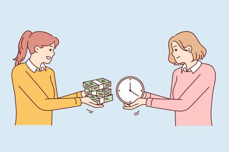 Two women exchange wads of money and watches, symbolizing purchase of free time. Vector imageのイラスト素材