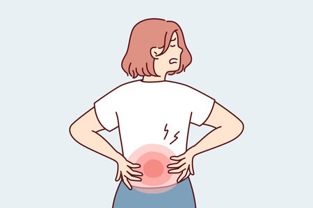 Woman holds on to red lower back after failing to lift heavy bag needs massage . Vector imageのイラスト素材