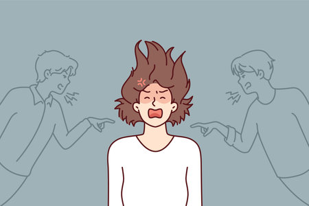 Depressed girl having panic attack and screaming after insulting two guys. Vector imageのイラスト素材
