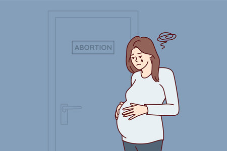 Upset pregnant woman near door with abortion sign after making difficult decisionのイラスト素材