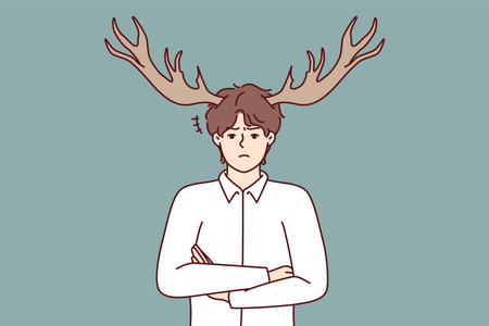 Disgruntled guy with horns on head stands with arms crossed after adultery of wifeのイラスト素材