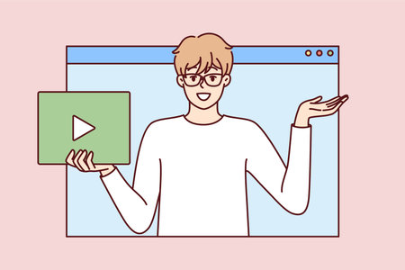 Young man in glasses with play button in hand looks out of web browser windowのイラスト素材