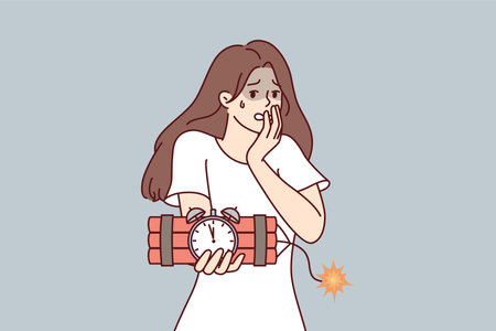 Frightened woman holding bomb in hands panicking because of explosion.のイラスト素材