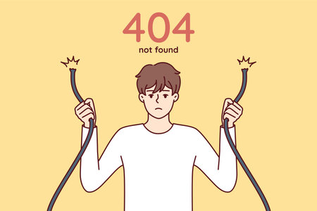 Eror 404 with sad man holding broken wire and having trouble accessing internet siteのイラスト素材