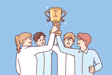 Tight-knit team of startup raises cup over heads after winning in business competitionのイラスト素材