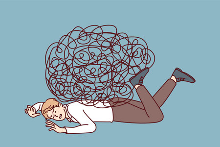 Depressed businessman lies on ground face down under heavy load of tangled linesのイラスト素材