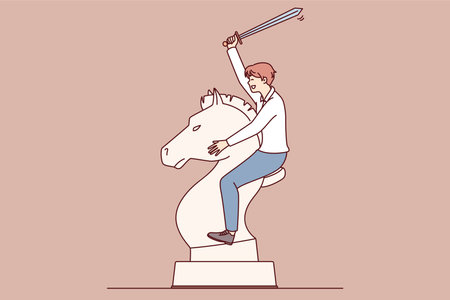 Man with sword astride huge horse chess piece symbolizes determinationのイラスト素材