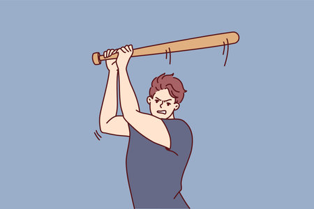 Aggressive guy attacks people using baseball bat as weapon, wanting to beat and injure opponentのイラスト素材