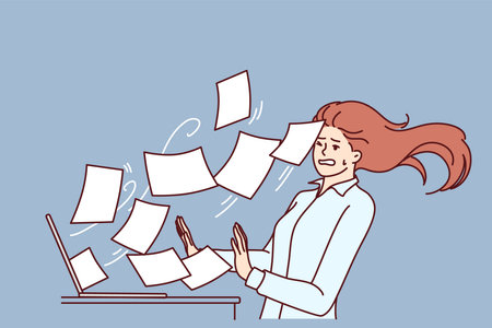 Woman working overtime is having trouble with large volume of documents or email flying out laptopのイラスト素材