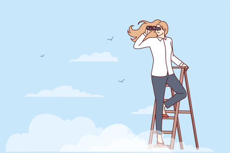 Woman leader stands on top of stepladder among clouds and looks into distance through binocularsのイラスト素材