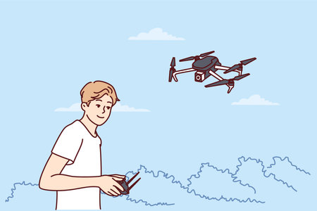 Teenage boy launches quadcopter using remote control and makes aerial photography from droneのイラスト素材