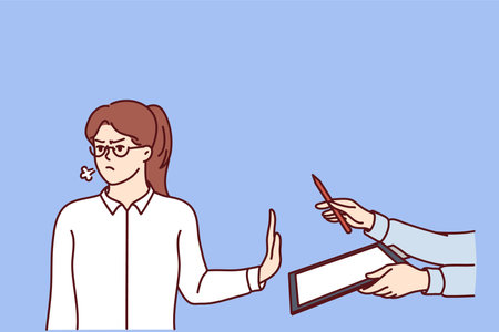 Angry woman making stop gesture suspending business deal and refusing to sign contractのイラスト素材