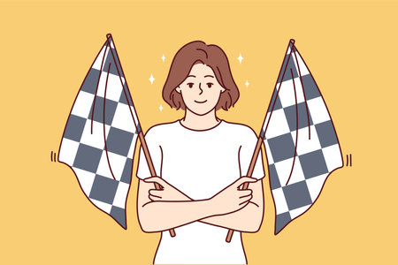 Woman holding two checkered flags to signal for start of car racing competition among driversのイラスト素材