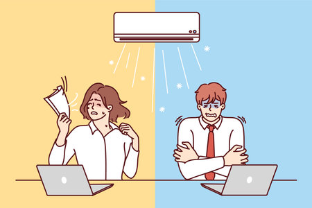 Man and woman sitting at office table under air conditioner experience discomfortのイラスト素材