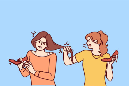 Quarrel women tearing opponents hair and shouting insults during conflict over last shoes in storeのイラスト素材