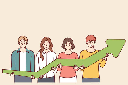 Team of men and women together hold green arrow pointing up, symbolizing development businessのイラスト素材