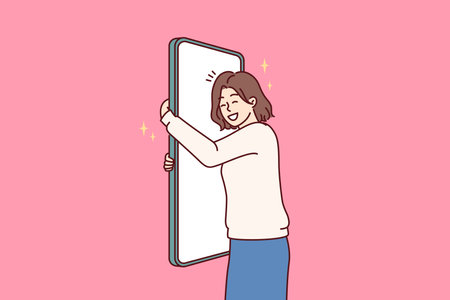Happy woman hugging giant mobile phone rejoicing at quality and usability of gadgetのイラスト素材