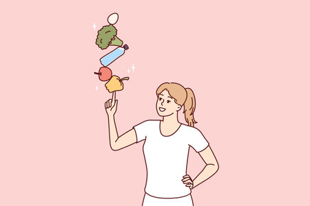 Woman nutritionist with fresh vegetables for preparing delicious vegetarian salads for lunchのイラスト素材