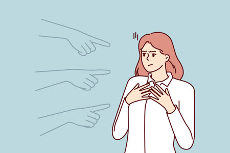 Hands pointing at puzzled girl for concept blame and condemnation person who made mistakeのイラスト素材