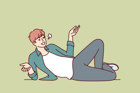 Serene man lies on floor and smiles talking about plans for future or telling interesting storiesのイラスト素材