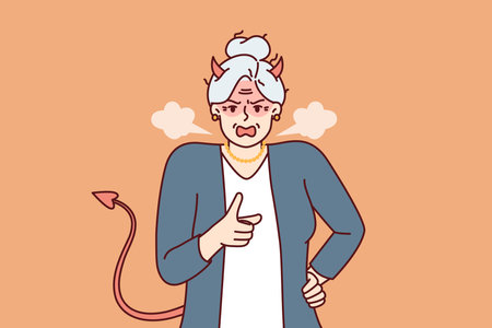 Elderly woman with horns and devil tail screams and points with finger, threatening opponentのイラスト素材
