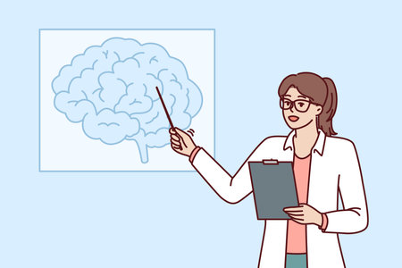 Woman doctor teaches neurology pointing at brain drawing during medical education courseのイラスト素材