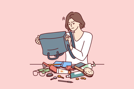 Puzzled woman shakes out contents of bag on table trying to find wallet with money or mobile phoneのイラスト素材
