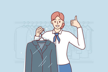 Woman employee of cleaning salon demonstrates jacket in plastic film and shows thumbs upのイラスト素材