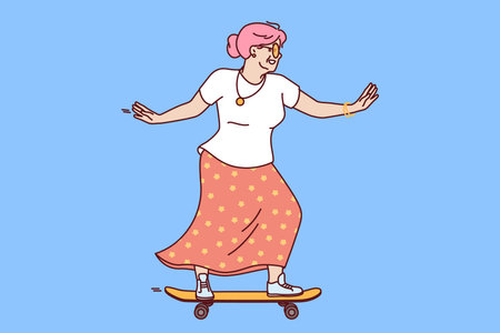 Older woman rides skateboard wanting to stay young and act like teenager heading to skateparkのイラスト素材