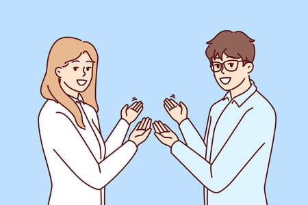 Couple man and woman in business clothes make inviting gesture with hands urging you to visit saleのイラスト素材