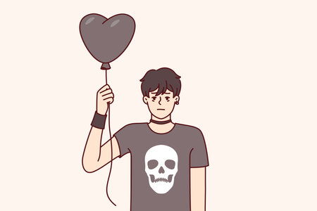 Guy teenager in goth clothes holds black balloon in form of heart for girl he likes from schoolのイラスト素材