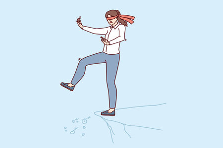 Blindfolded girl steps forward dont know about cliff and danger to fall for risk business conceptのイラスト素材