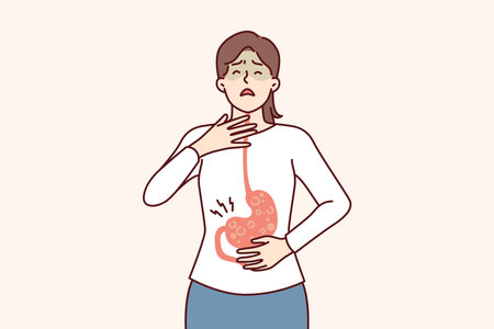 Sick woman with symptoms of gastroesophageal reflux or gastritis disease resulting from junk foodのイラスト素材