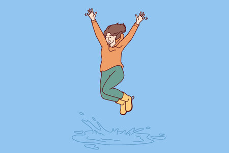 Happy woman in casual clothes jumping in puddle enjoying first autumn rain after hot summerのイラスト素材