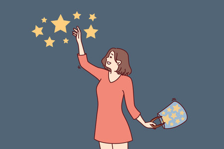 Happy woman collects stars from sky and folds bag for metaphor for finding success and good luckのイラスト素材